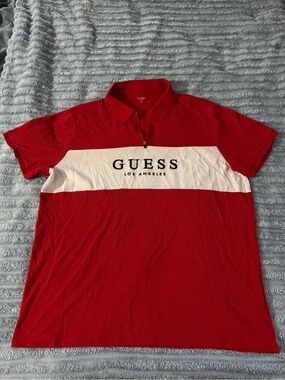 Guess Los Angeles Men's Colorblock Zip-Up Polo - Red & White